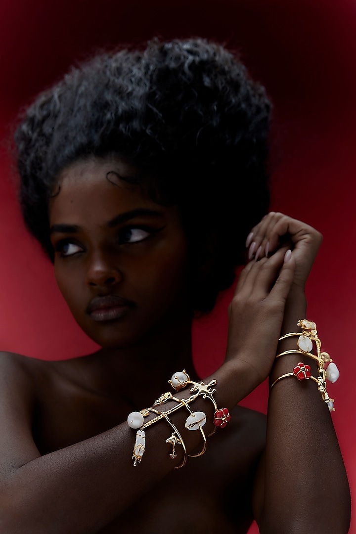 Gold Plated Shroom Motif & Lapis Lazuli Stone Handcuff by Outhouse at Pernia's Pop Up Shop