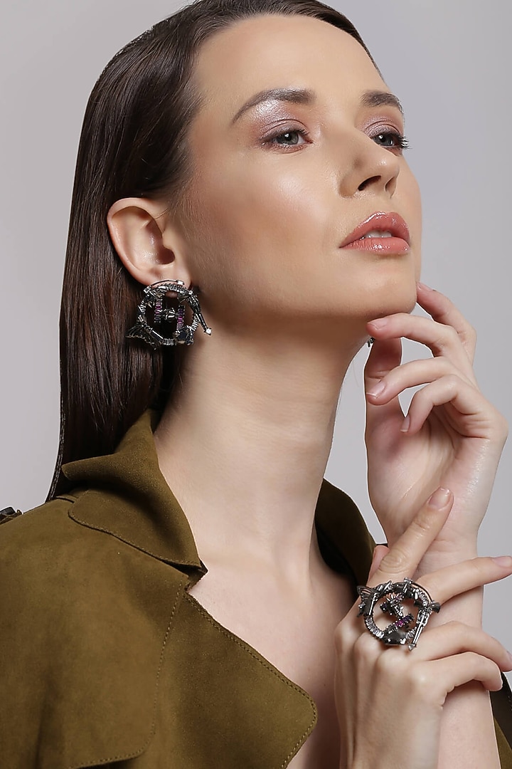 Gunmetal Plated Multi Colored Stone Stud Earrings by Outhouse at Pernia's Pop Up Shop