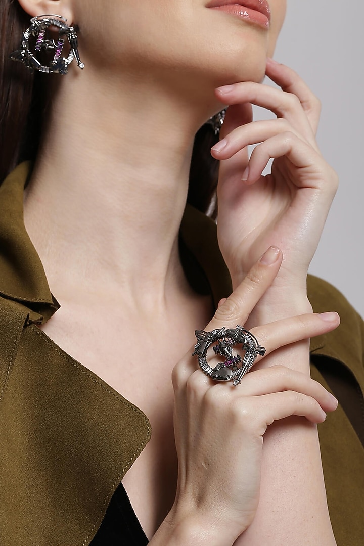 Gunmetal Plated Multi Colored Stone Ring by Outhouse at Pernia's Pop Up Shop