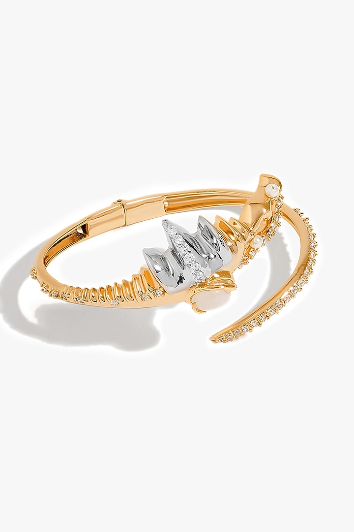 Two Tone Finish Swarovski Pearl & Cubic Zirconia Spiral Handcuff by Outhouse at Pernia's Pop Up Shop