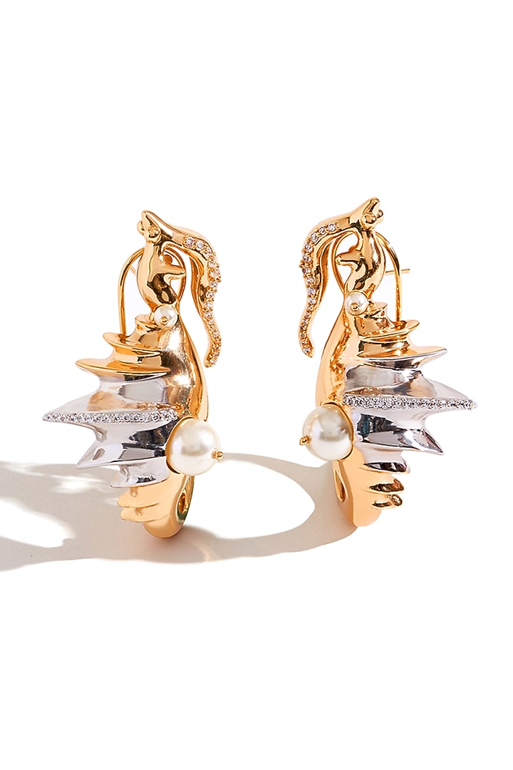 Two Tone Finish Cubic Zirconia & Swarovski Pearl Hoop Earrings by Outhouse at Pernia's Pop Up Shop