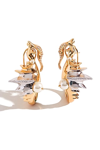 Two Tone Finish Cubic Zirconia & Swarovski Pearl Hoop Earrings by Outhouse