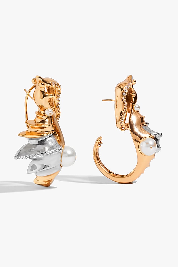 Two Tone Finish Cubic Zirconia & Swarovski Pearl Hoop Earrings by Outhouse at Pernia's Pop Up Shop