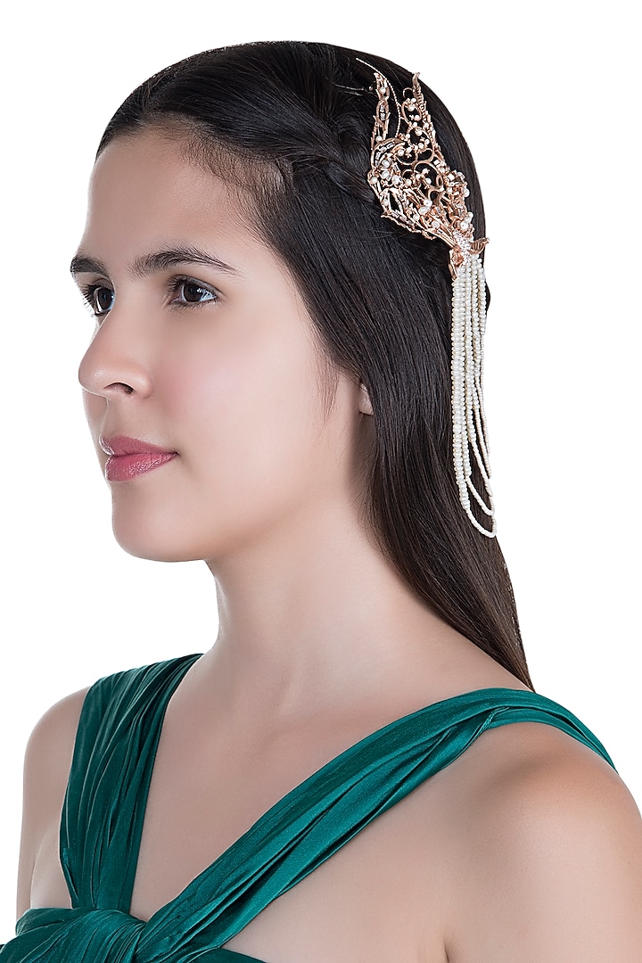 Matte Rose Gold Plated Pearl Headgear by Outhouse at Pernia's Pop Up Shop
