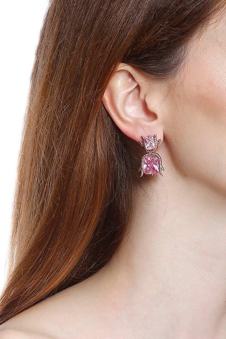 Rose Gold Plated Handcrafted Stud Earnings With Pink Crystals by Outhouse at Pernia's Pop Up Shop