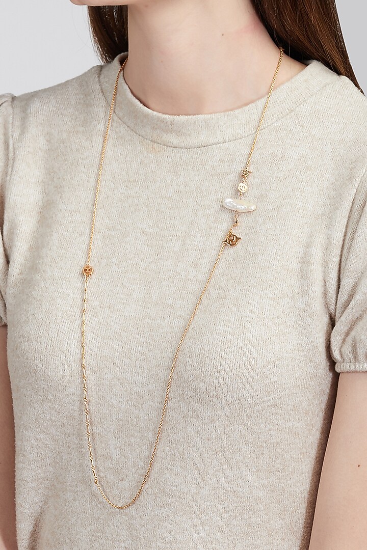 Gold Plated Motifs Optical Chain Cum Necklace With Pearls by Outhouse at Pernia's Pop Up Shop