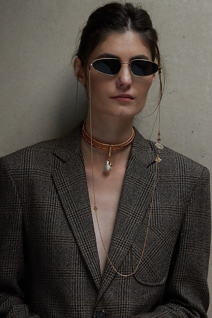 Gold Plated Motifs Optical Chain Cum Necklace With Pearls by Outhouse at Pernia's Pop Up Shop