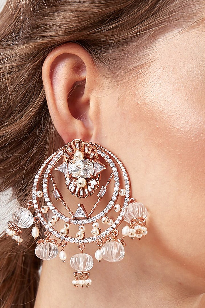 Rose Gold Plated Pearl & Diamond Chandbali Earrings by Outhouse at Pernia's Pop Up Shop