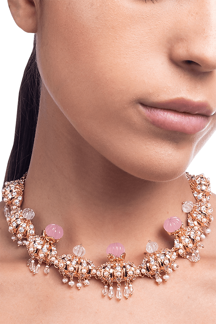 Rose Gold Plated Swarovski Pearl Necklace by Outhouse at Pernia's