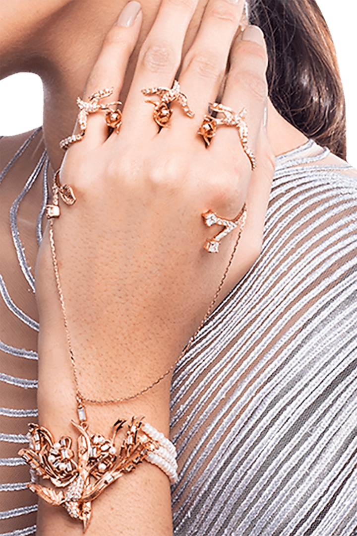 Rose Gold Plated Crystal & Pearl Ring Hand Harness by Outhouse at Pernia's Pop Up Shop