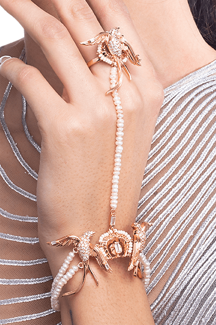 Rose Gold Plated Crystal & Pearl Ring Hand Harness by Outhouse at Pernia's Pop Up Shop