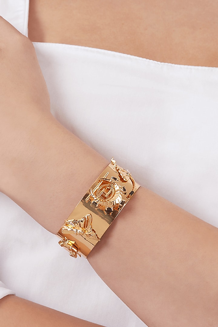 Gold Plated Handcrafted Half Wrist Cuff With Onyx Stones by Outhouse at Pernia's Pop Up Shop