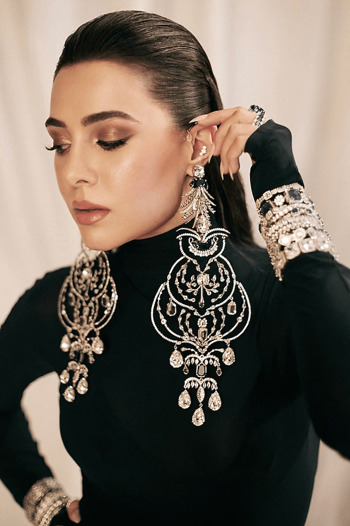 Silver Plated Crystal & Jade Green Stone Dangler Earrings by Outhouse at Pernia's Pop Up Shop