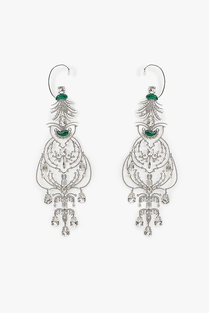 Silver Plated Crystal & Jade Green Stone Dangler Earrings by Outhouse at Pernia's Pop Up Shop