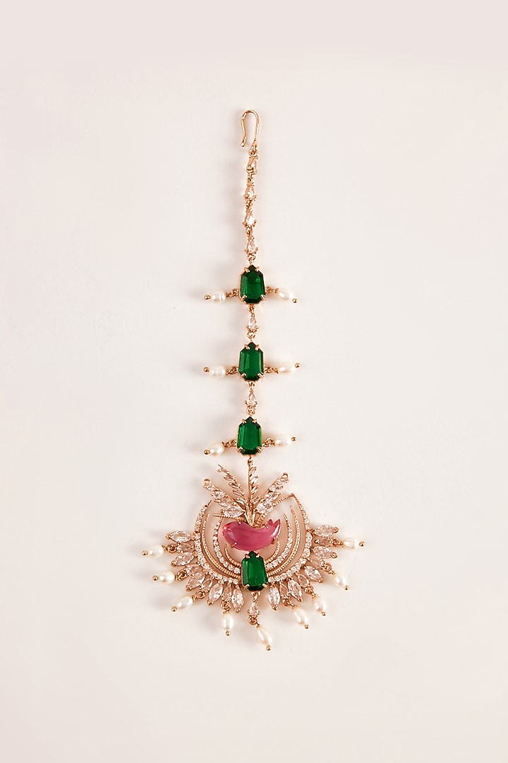 Gold Plated Pearl & Cubic Zirconia Handcrafted Maangtikka by Outhouse at Pernia's Pop Up Shop