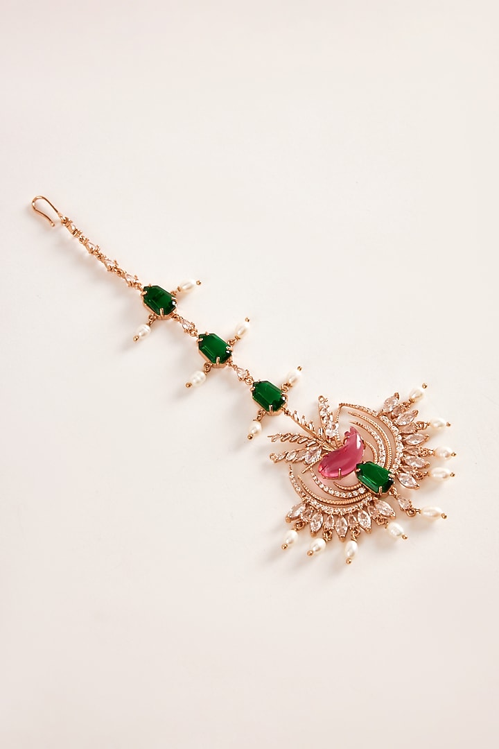Gold Plated Pearl & Cubic Zirconia Handcrafted Maangtikka by Outhouse at Pernia's Pop Up Shop