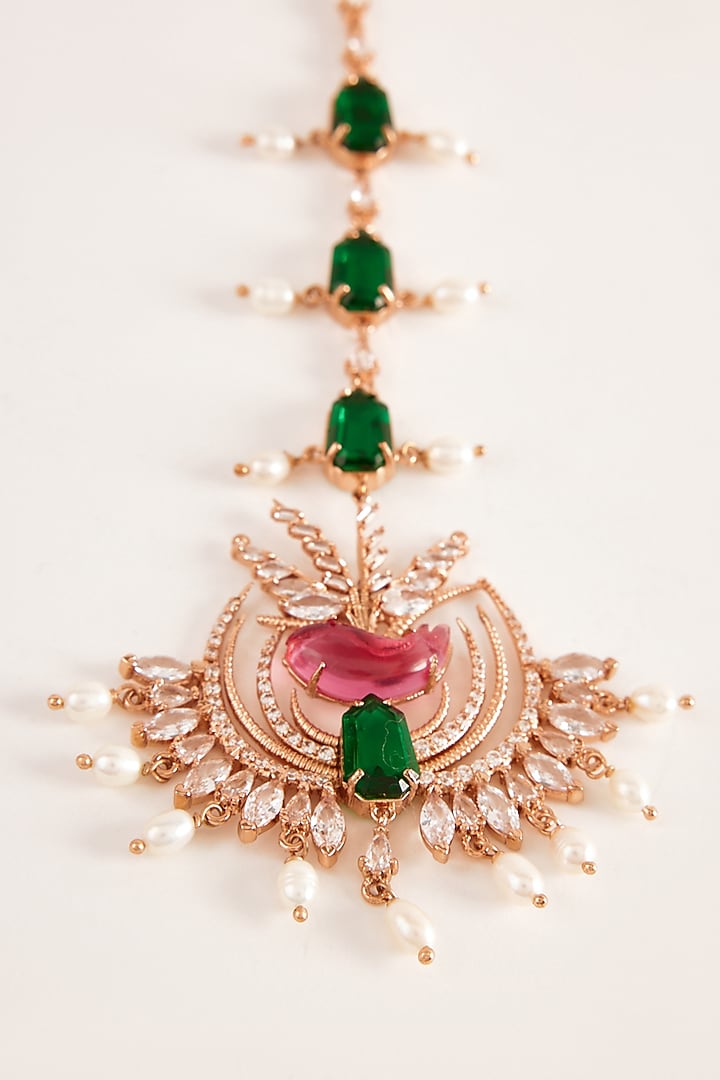 Gold Plated Pearl & Cubic Zirconia Handcrafted Maangtikka by Outhouse at Pernia's Pop Up Shop