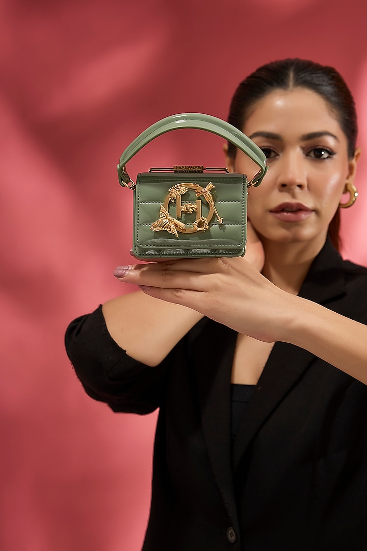 Olive Green Patent Vegan Leather Quilted Handbag by Outhouse at Pernia's Pop Up Shop