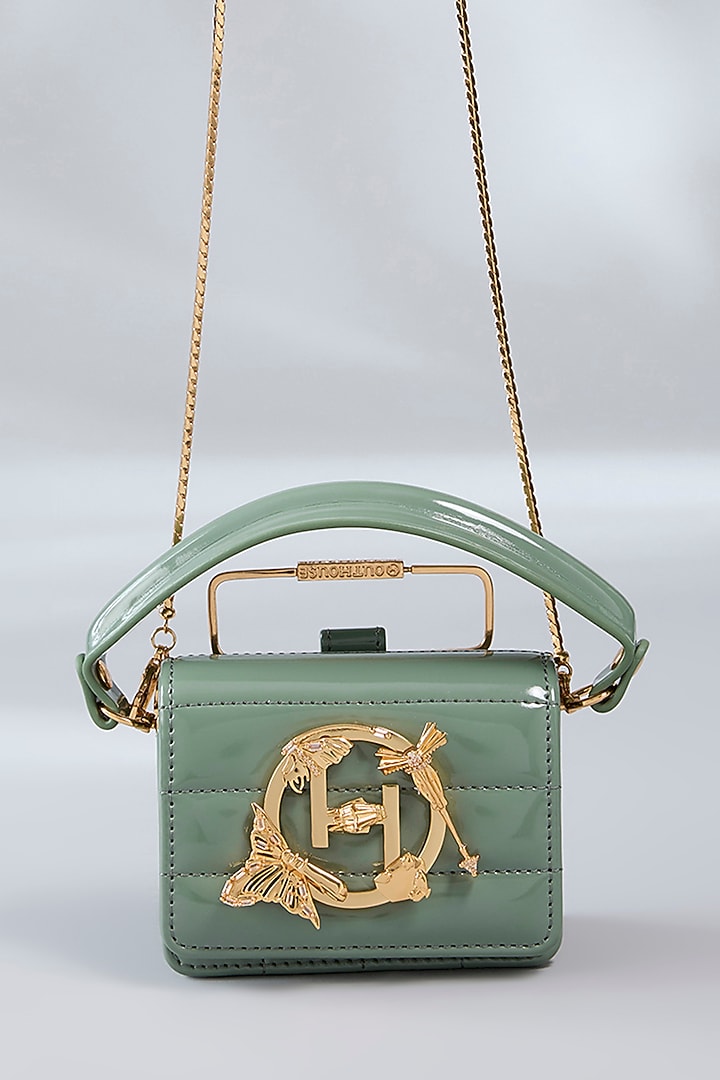 Olive Green Patent Vegan Leather Quilted Handbag by Outhouse at Pernia's Pop Up Shop