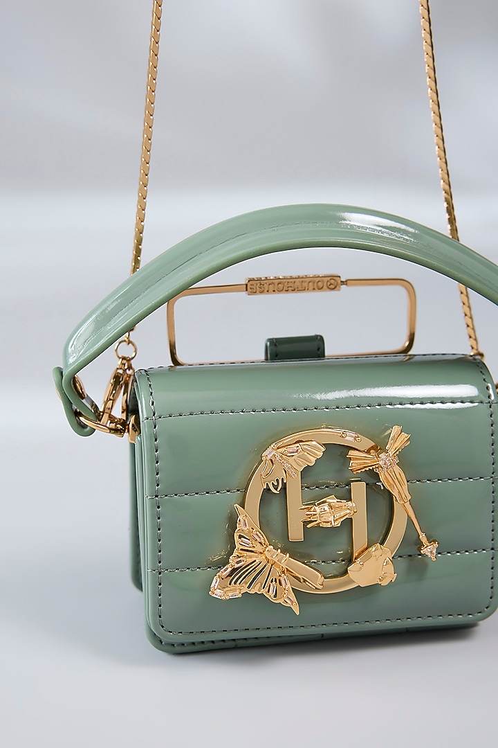 Olive Green Patent Vegan Leather Quilted Handbag by Outhouse at Pernia's Pop Up Shop