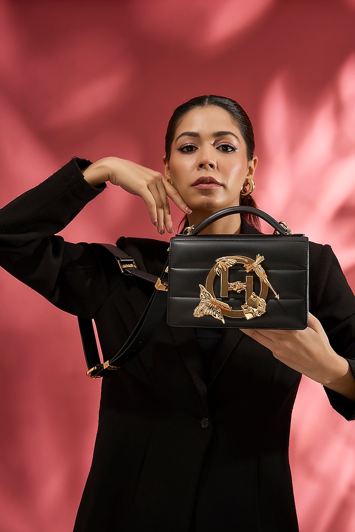 Black Vegan Leather Midi Handbag by Outhouse at Pernia's Pop Up Shop