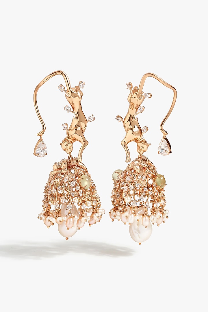 Rose Gold Plated Cubic Zirconia & Pearl Jhumka Earrings by Outhouse at Pernia's Pop Up Shop