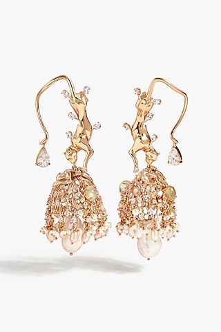 Rose Gold Plated Cubic Zirconia & Pearl Jhumka Earrings by Outhouse