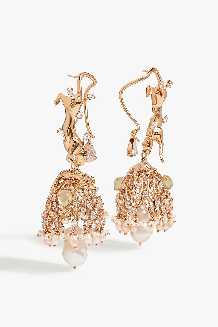 Rose Gold Plated Cubic Zirconia & Pearl Jhumka Earrings by Outhouse at Pernia's Pop Up Shop