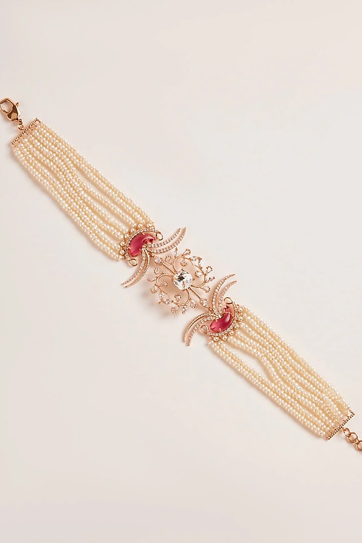 Rose Gold Finish Cubic Zirconia & Pearl Double Fish Choker Necklace by Outhouse at Pernia's Pop Up Shop
