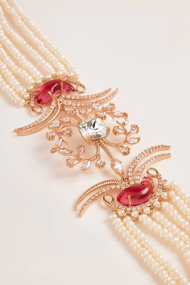 Rose Gold Finish Cubic Zirconia & Pearl Double Fish Choker Necklace by Outhouse at Pernia's Pop Up Shop