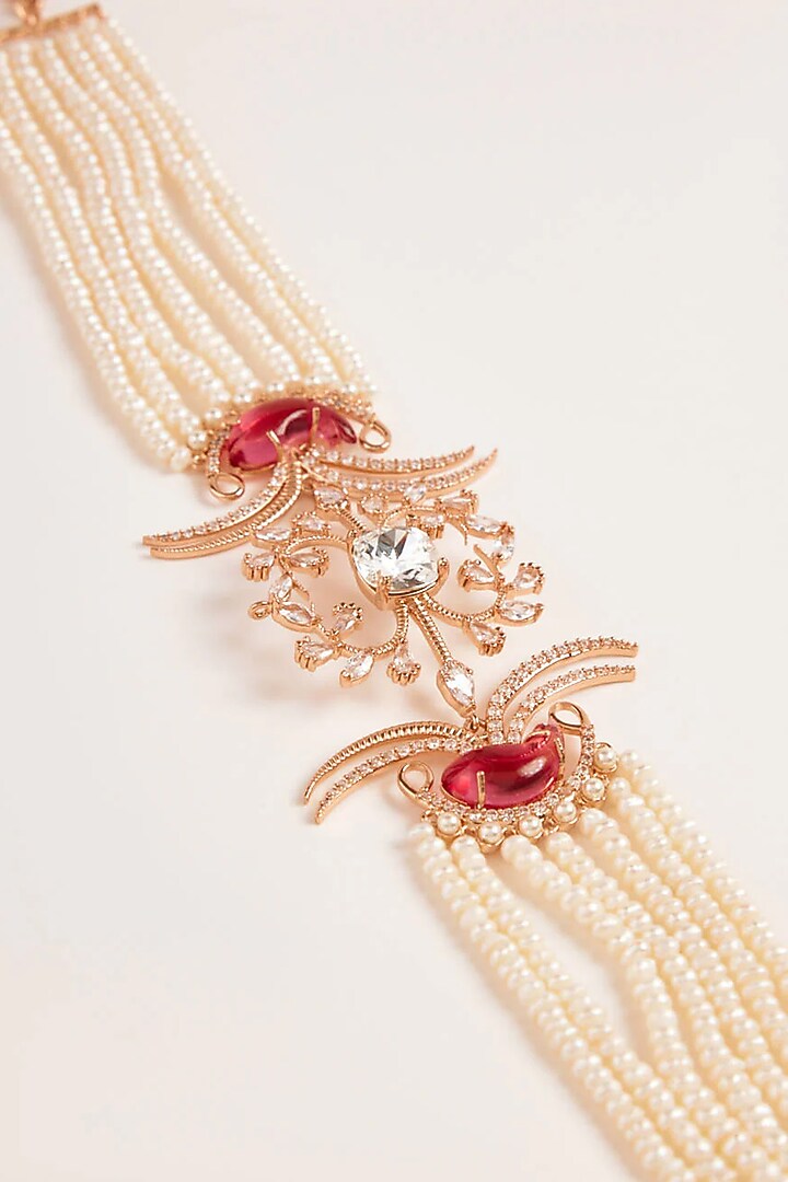Rose Gold Finish Cubic Zirconia & Pearl Double Fish Choker Necklace by Outhouse at Pernia's Pop Up Shop