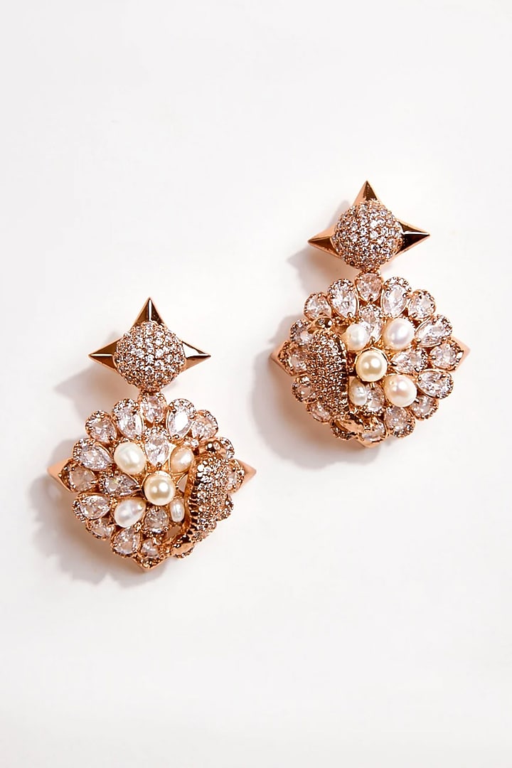 Rose Gold Plated Pearl & Cubic Zirconia Earrings by Outhouse at Pernia's Pop Up Shop
