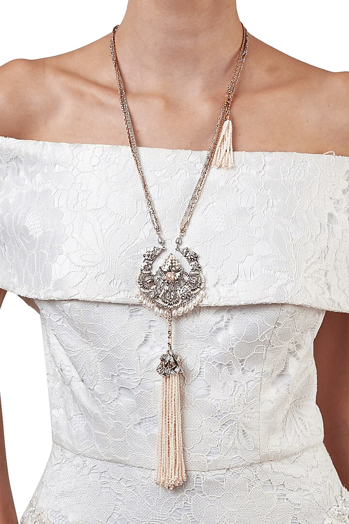 Silver Finish Pearls & Swarovski Crystals Tasseled Pendant by Outhouse at Pernia's Pop Up Shop