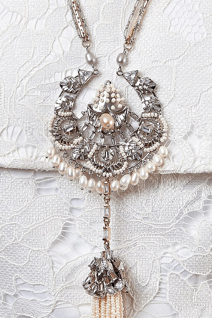 Silver Finish Pearls & Swarovski Crystals Tasseled Pendant by Outhouse at Pernia's Pop Up Shop