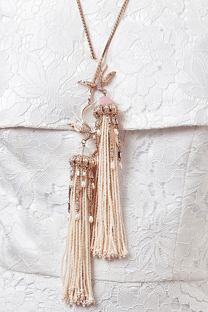 Rose Gold Plated Pearl Hand Carved Necklace by Outhouse at Pernia's Pop Up Shop