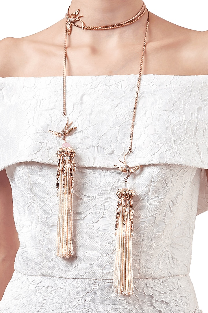 Rose Gold Plated Pearl Hand Carved Necklace by Outhouse at Pernia's Pop Up Shop