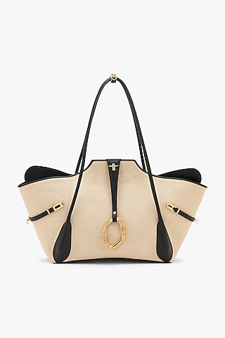 Beige Vegan Leather & Canvas Tote Bag by Outhouse