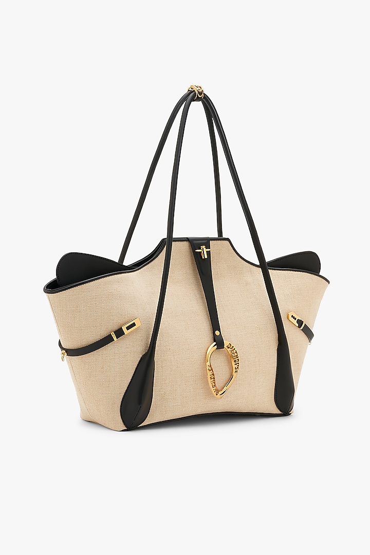 Beige Vegan Leather & Canvas Tote Bag by Outhouse at Pernia's Pop Up Shop