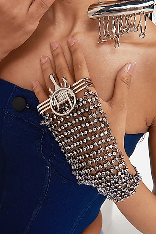 Silver Brass Crystal Glove by Outhouse