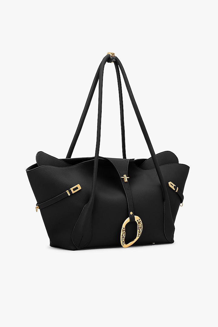 Black Vegan Leather & Canvas Tote Bag by Outhouse at Pernia's Pop Up Shop