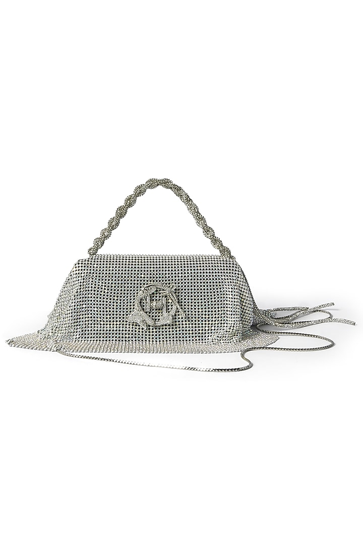 White Vegan Leather Crystal Furby & Zircon Handcrafted Bag by Outhouse at Pernia's Pop Up Shop