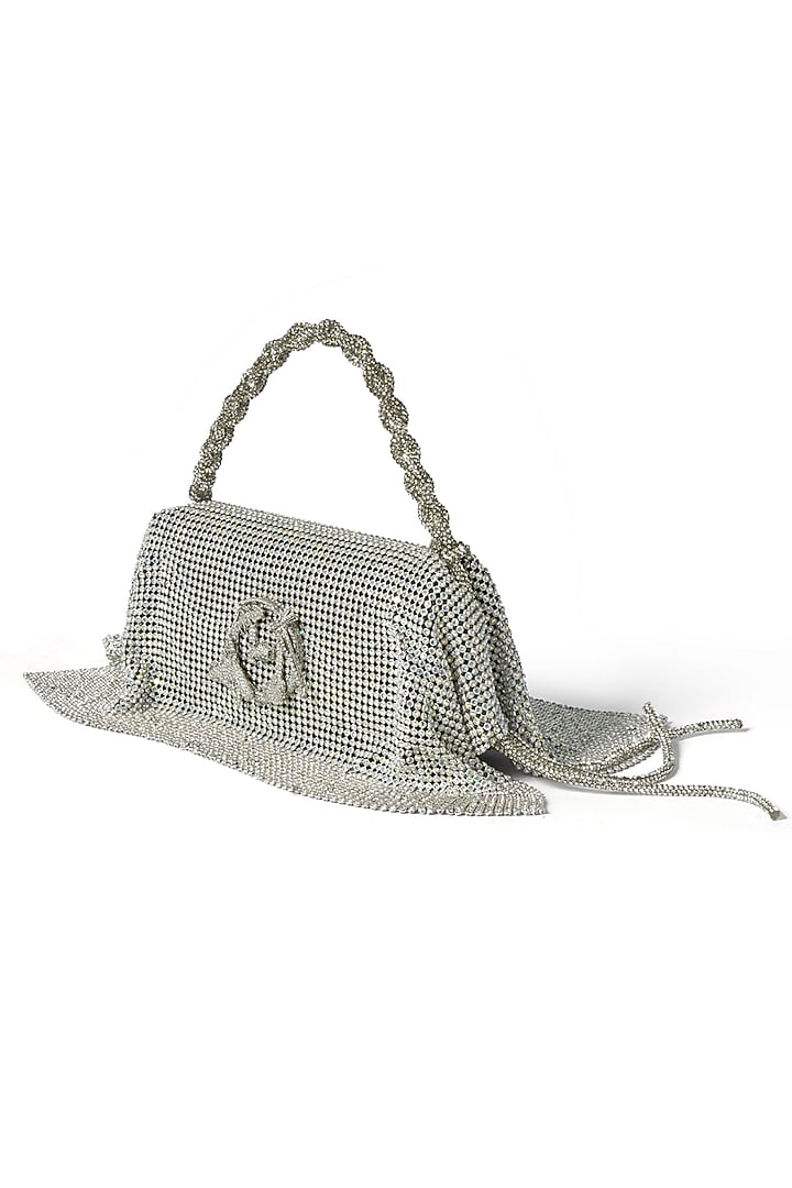 White Vegan Leather Crystal Furby & Zircon Handcrafted Bag by Outhouse at Pernia's Pop Up Shop