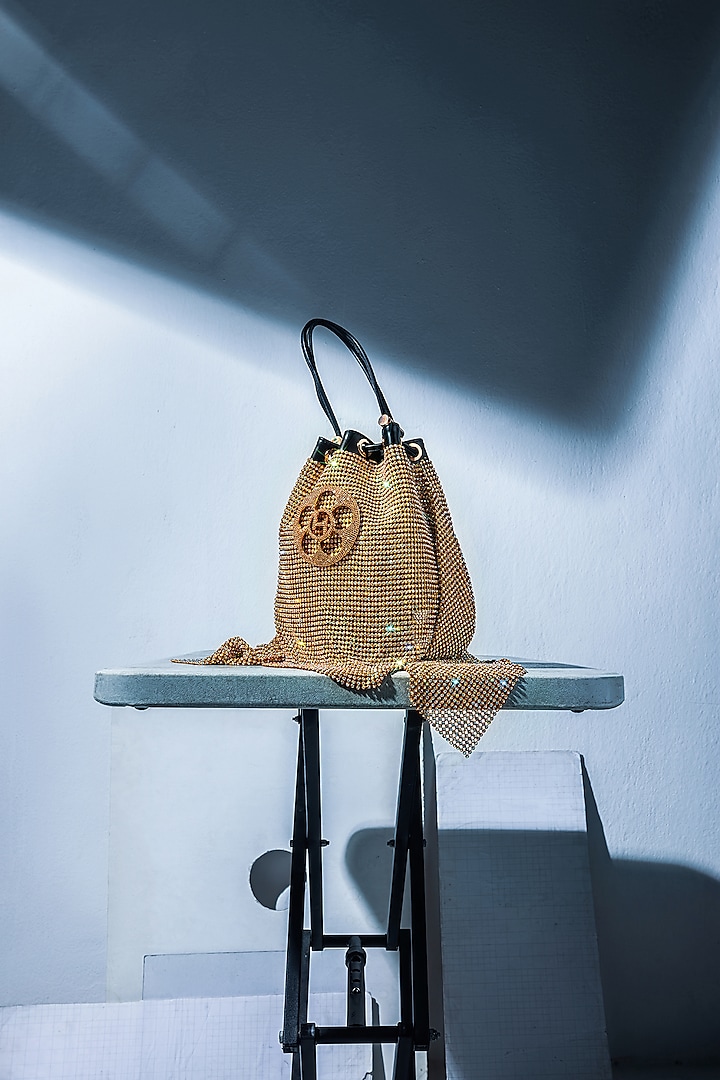 Gold Mesh Crystal Furby & Cubic Zirconia Bucket Bag by Outhouse at Pernia's Pop Up Shop