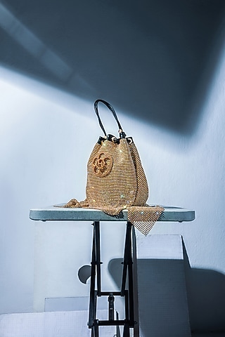 Gold Mesh Crystal Furby & Cubic Zirconia Bucket Bag by Outhouse