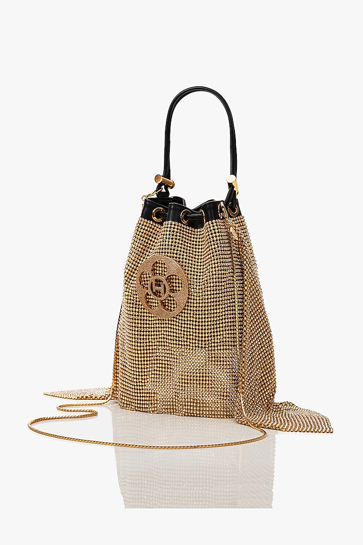 Gold Mesh Crystal Furby & Cubic Zirconia Bucket Bag by Outhouse at Pernia's Pop Up Shop