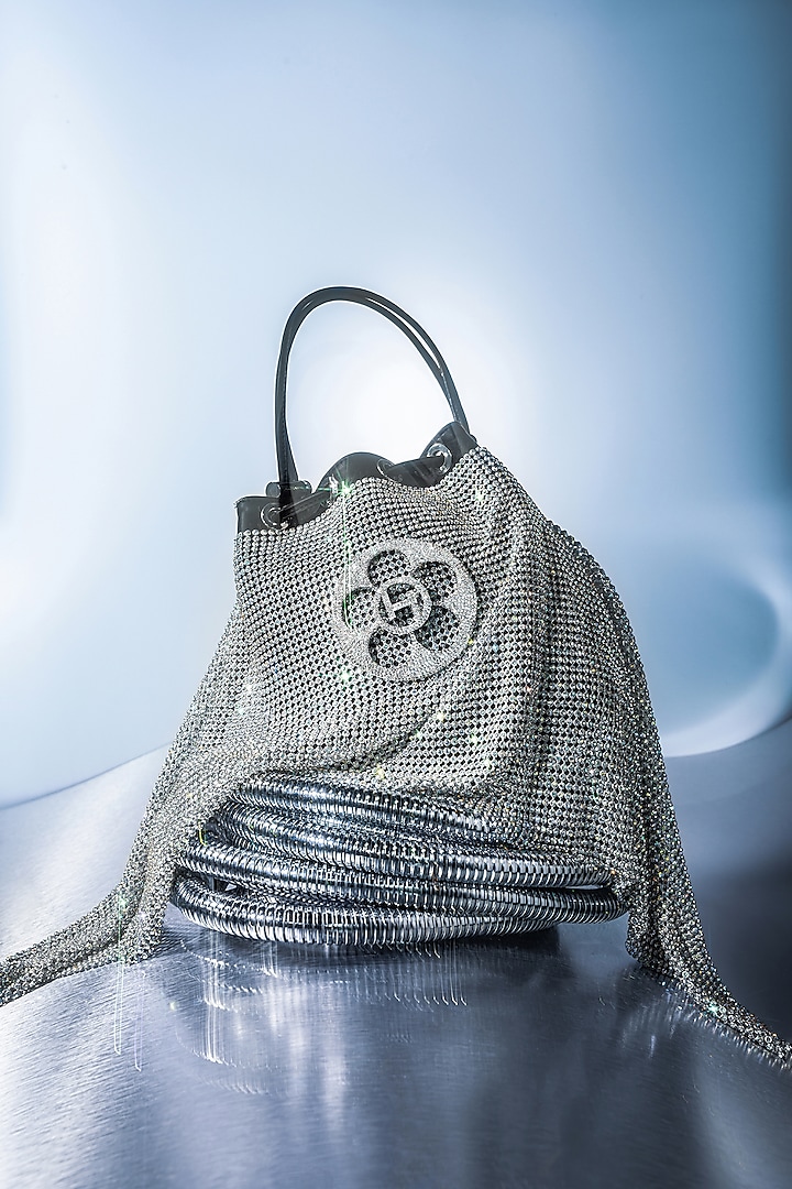 Silver Mesh Crystal Furby & Cubic Zirconia Bucket Bag by Outhouse at Pernia's Pop Up Shop