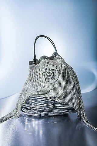 Silver Mesh Crystal Furby & Cubic Zirconia Bucket Bag by Outhouse