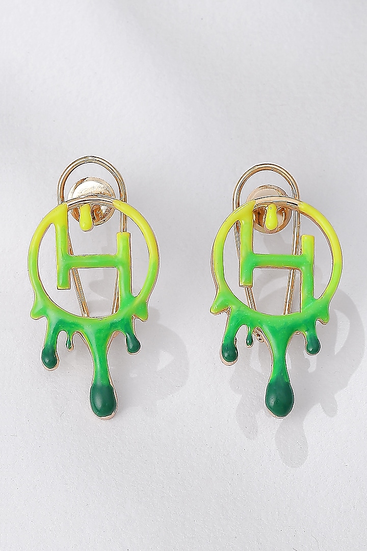 Gold Plated Acid Green Enamelled Stud Earrings by Outhouse at Pernia's Pop Up Shop