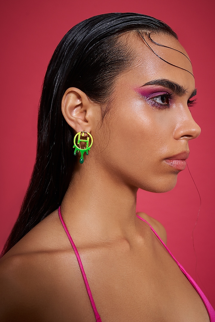 Gold Plated Acid Green Enamelled Stud Earrings by Outhouse at Pernia's Pop Up Shop
