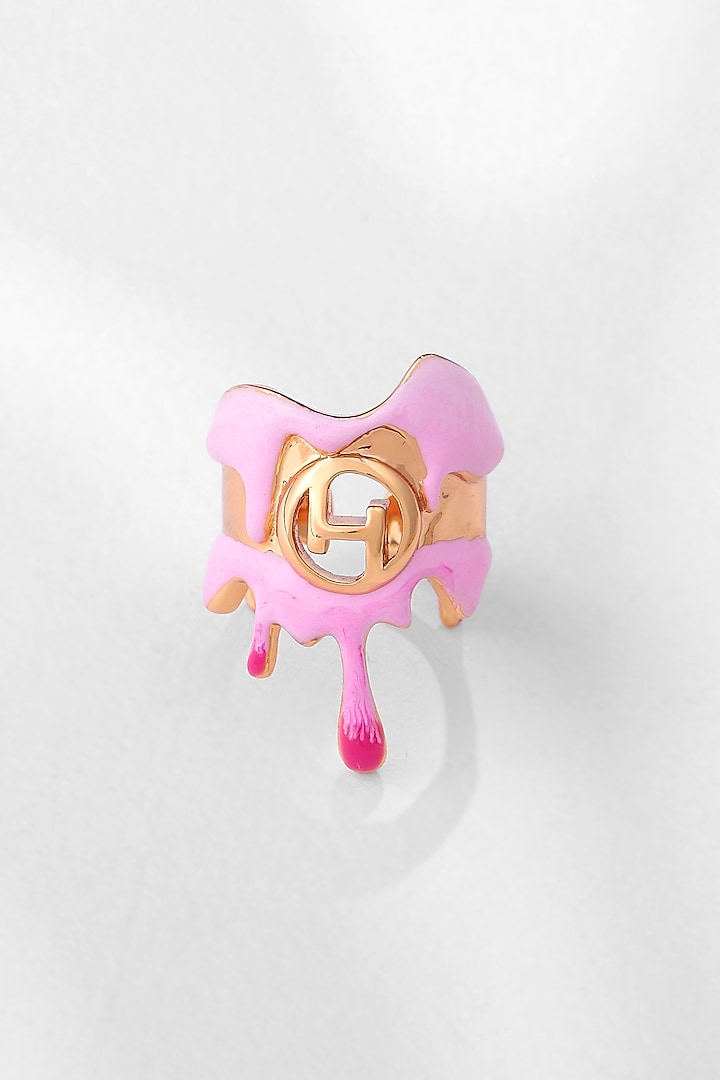 Gold Finish Pink Enamelled Molten Ring by Outhouse